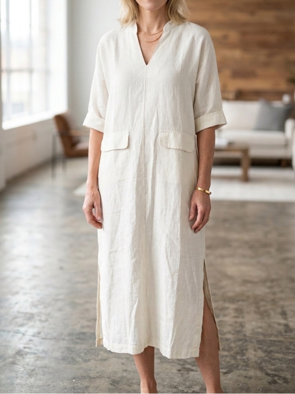 Soft Surroundings 100% Linen V-Neck Shift Dress in Ivory - Medium